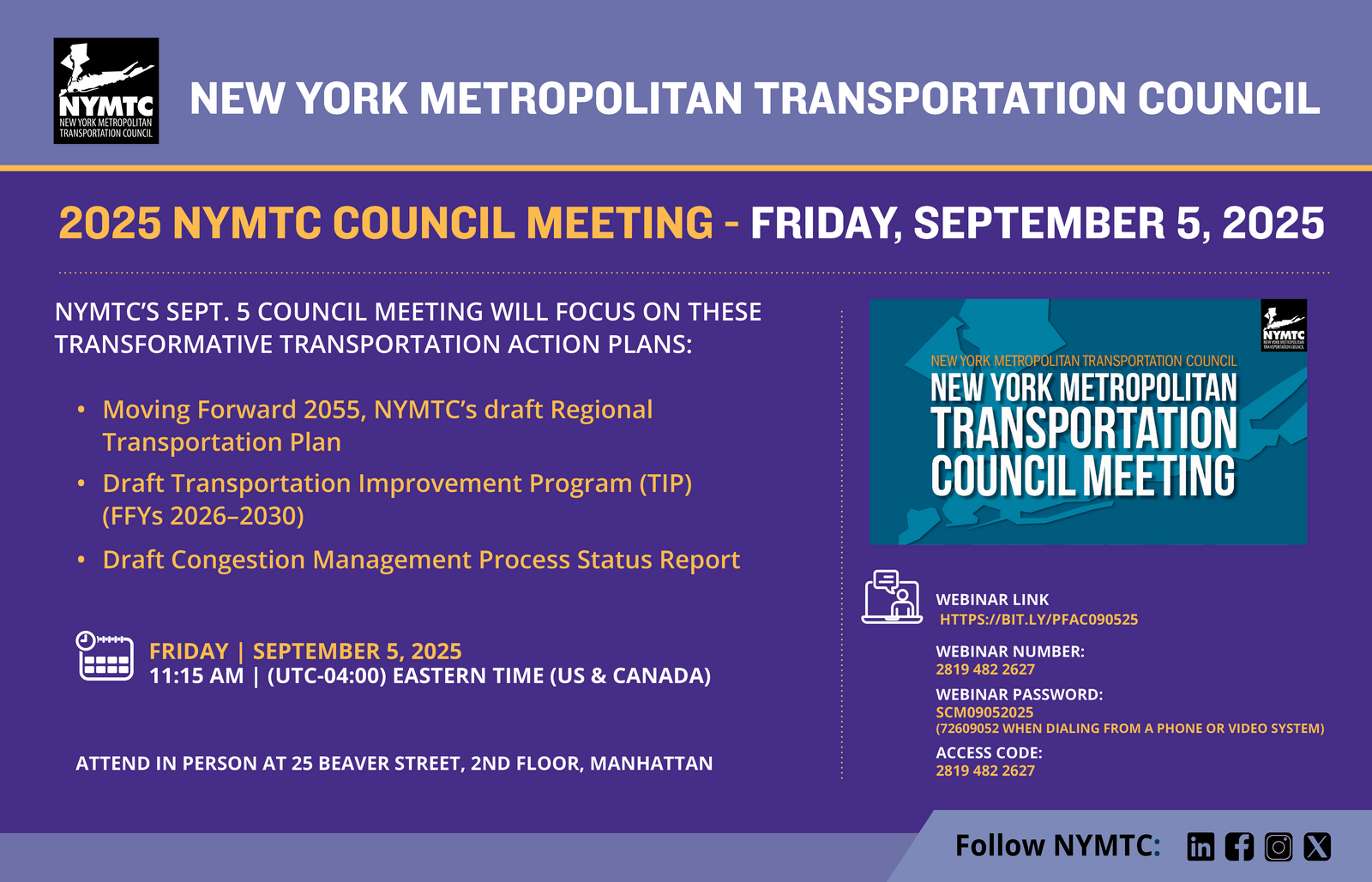 Major Transportation Actions Scheduled for NYMTC Adoption During Its September 5 Council Meeting